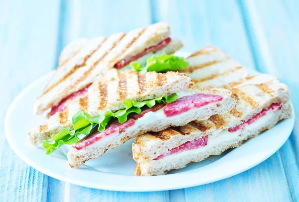Sabrosos sándwiches en plato — Foto de Stock