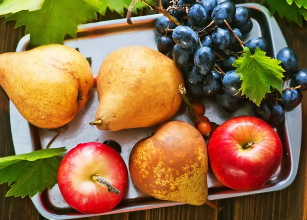 Autumn fruits and grape leaves — Stock Photo, Image