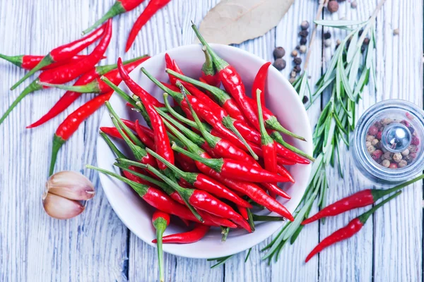 Chilli papriky a koření na stole — Stock fotografie