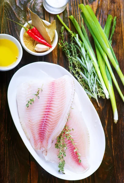 Rå fiskfilé med kryddor — Stockfoto