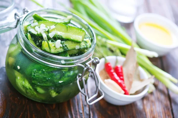 Picled cucumbers in jar — Stock Photo, Image