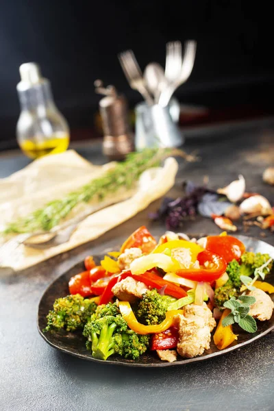 fried vegetables with chicken, broccoli with vegetables