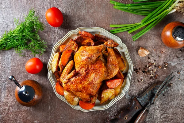 Baked Chicken Vegetables Metal Plate Stock Image