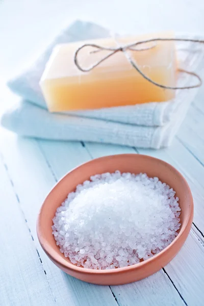 Sea salt and soap — Stock Photo, Image