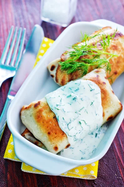 Pancakes with sour cream — Stock Photo, Image