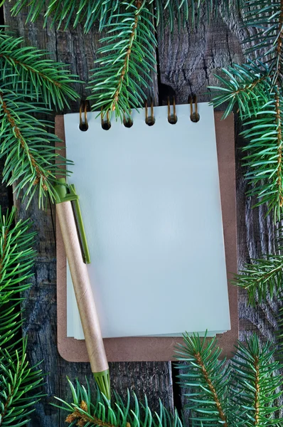Notebook for note and fir branch — Stock Photo, Image