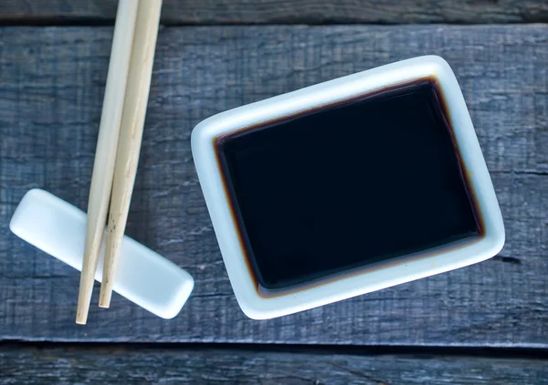 Soy sauce in white bowl — Stock Photo, Image