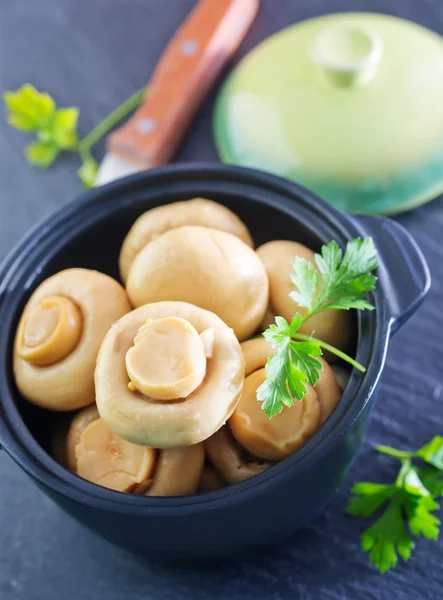 Mushrooms in black bowl — Stock Photo, Image