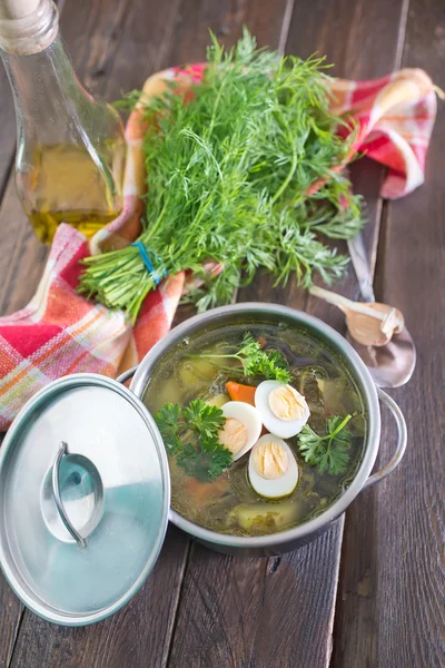 Fresh soup with boiled eggs — Stock Photo, Image