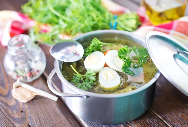 Fresh soup with boiled eggs — Stock Image Fresh soup with boiled eggs Stock Photo