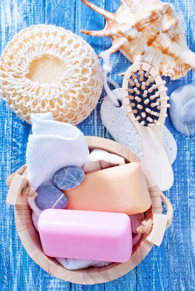 Hygiene objects in wooden bucket — Stock Photo, Image