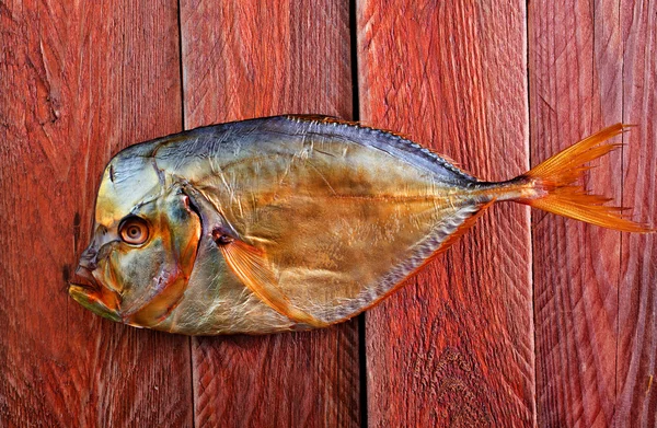 Poisson fumé sur la table en bois — Photo