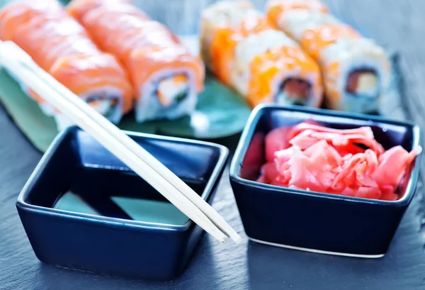 Fresh sushi and soy sauce — Stock Photo, Image