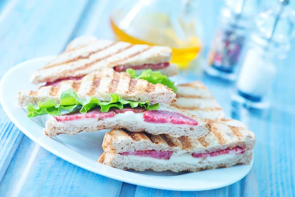 Tasty sandwiches on plate — Stock Photo, Image