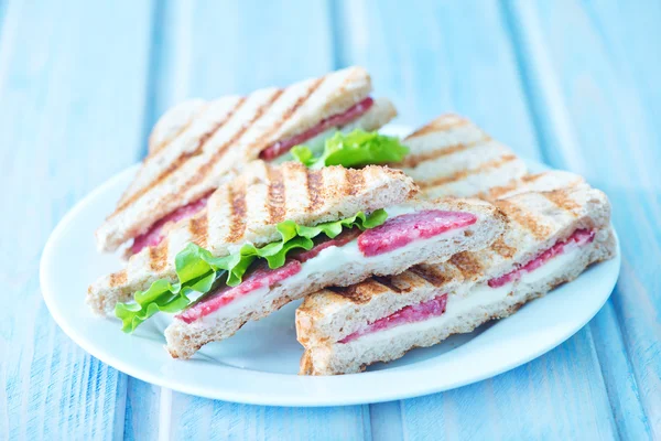 Tasty sandwiches on plate — Stock Photo, Image