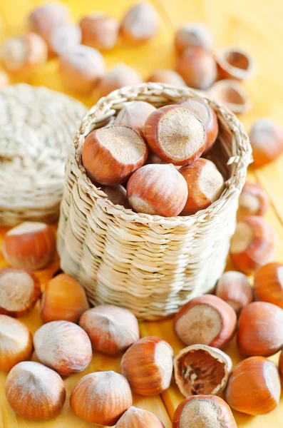 Nuts in wooden basket — Stock Photo, Image