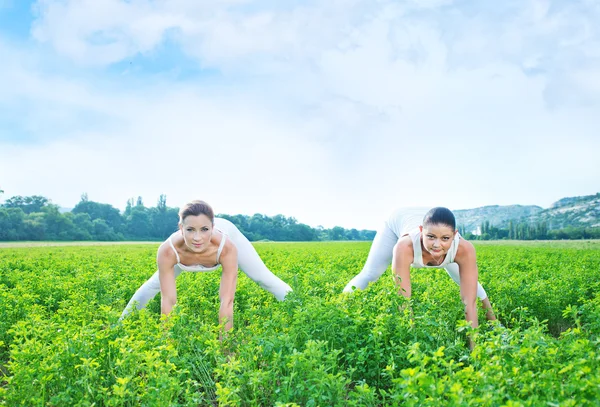 Donne che fanno esercizi di yoga nel parco — Foto Stock