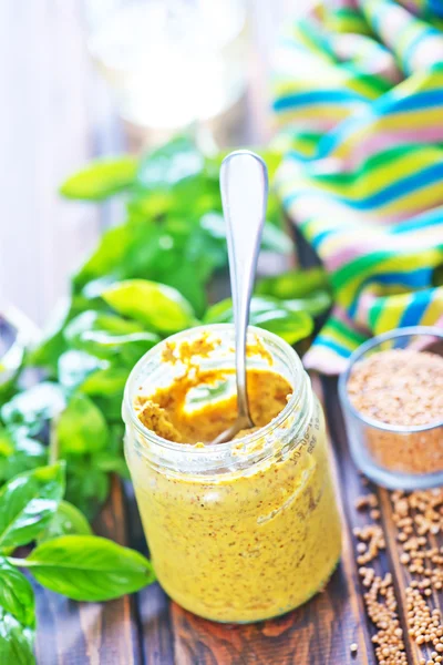 Mustard in glass jar — Stock Photo, Image