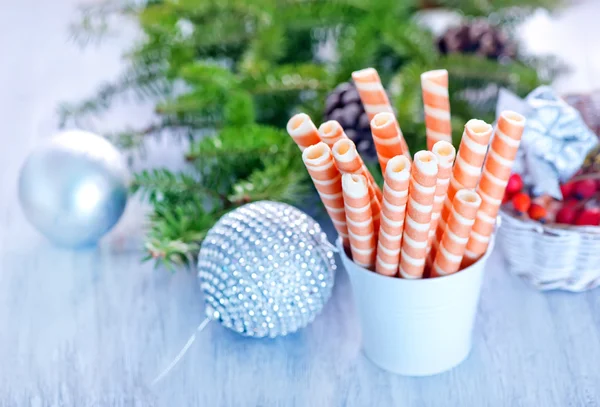 Waffle rolls with decorations — Stock Photo, Image