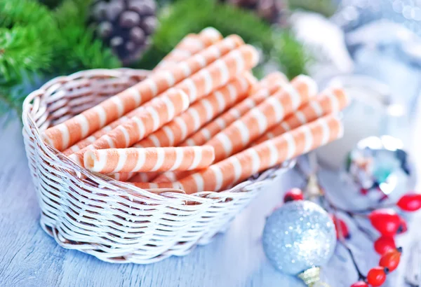 Waffle rolls with decorations — Stock Photo, Image