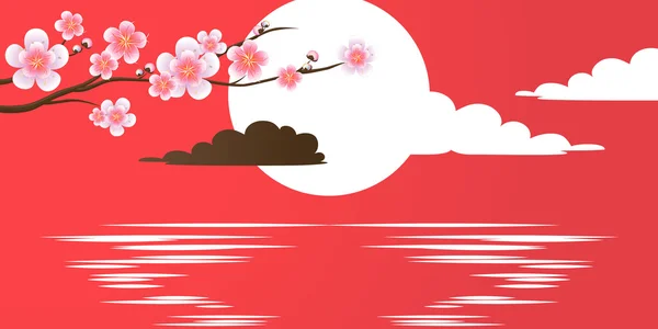 Sakura-Zweig mit Blüten auf Rot. Kirschblütenzweig agai — Stockvektor