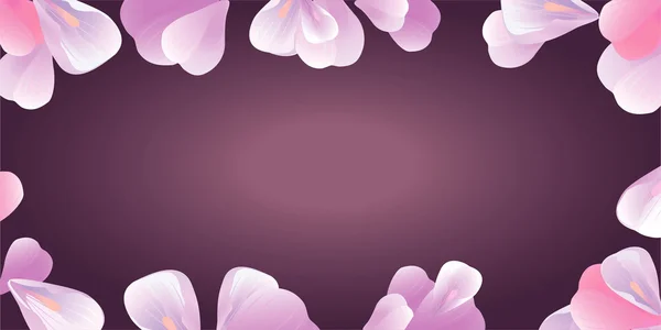 Marco de flores. Pétalos rosados aislados en violeta oscuro. Vector — Vector de stock