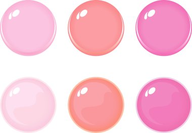 Simge bottons beyaz izole Illustration. Pembe etiket, 6 bottons kümesi. Çok renkli cam toplar. Vektör