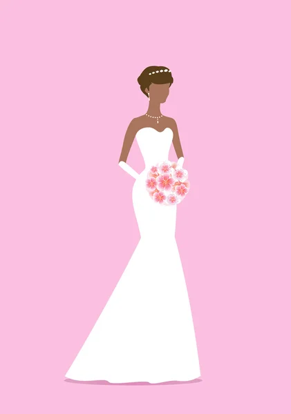 Vackra brud holding en blombukett. African american woman. Siluett med skugga. Kvinnliga vit brudklänning på skyltdockan isolerad på rosa bakgrund. Vektor — Stock vektor