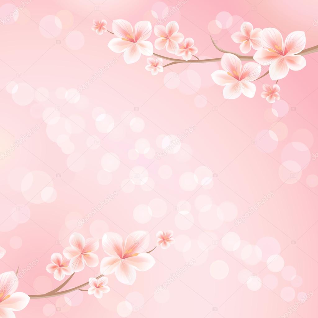 Sakura blossoms. Branch of sakura with flowers. Cherry blossom branch on pink Bokeh Background. Vector