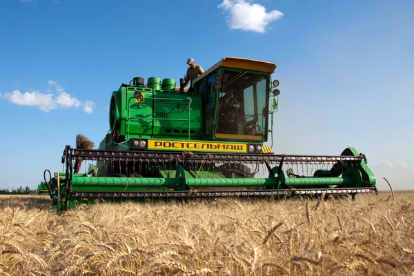KHARKIV / UKRAINE - JULY 12. Harvesting wheat field in Kharkiv Oblast in the Ukraine in July 12, 2011. — Stock Photo, Image