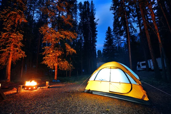 Acampar na floresta com tenda — Fotografia de Stock