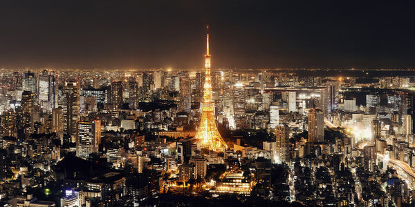 Tokyo Tower and urban skyline rooftop view at night, Japan.