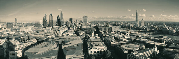 London city rooftop view panorama in black and white with urban architectures.
