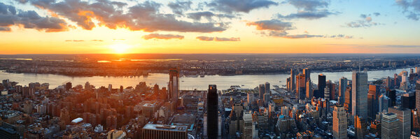 New York City west side urban cityscape panorama view at sunset.