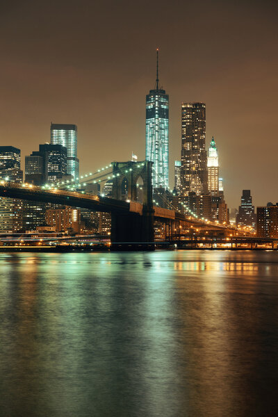 Manhattan Downtown urban view with Brooklyn bridge at night