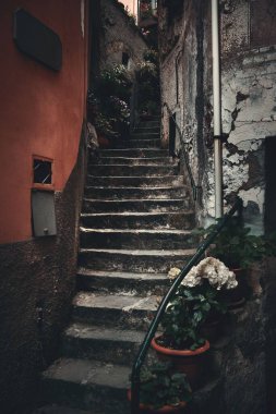 Cinque Terre, İtalya 'da tipik Riomaggiore sokak manzarası.