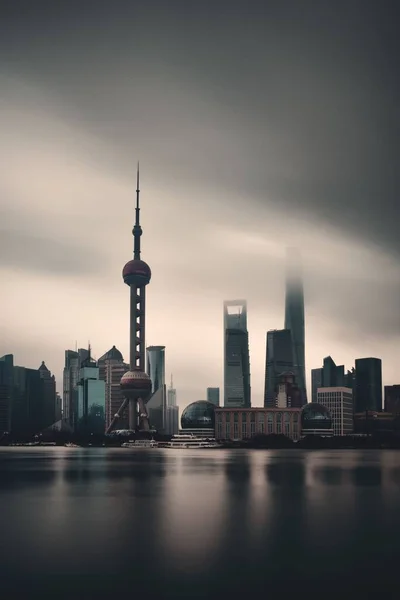 Shanghai Vista Skyline Città Con Cielo Coperto Riflessi Dell Acqua — Foto Stock