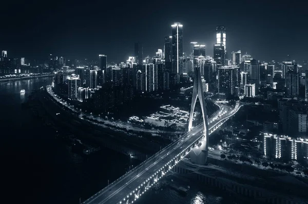 Vue Aérienne Pont Architecture Urbaine Ville Nuit Chongqing Chine — Photo