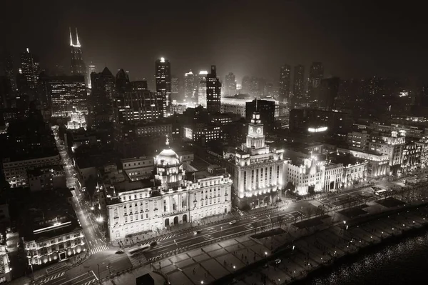 Shanghai Bund Vue Aérienne Nuit Haut Avec Horizon Ville Gratte — Photo