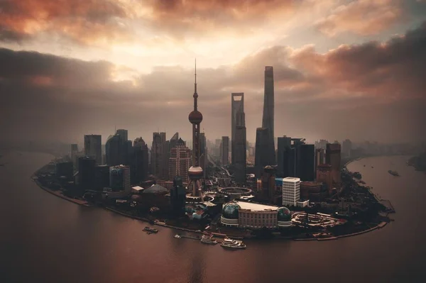 Vista Aérea Del Amanecer Ciudad Shanghai Con Distrito Financiero Pudong —  Fotos de Stock