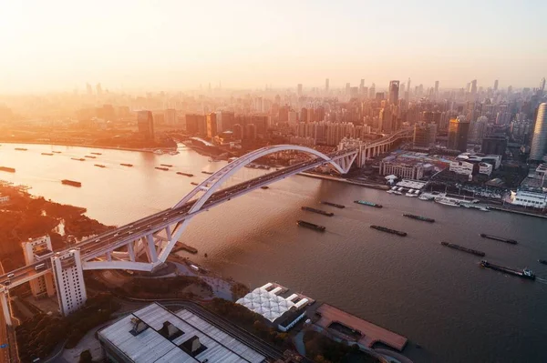 Shanghai Lupu Bridge Flygfoto Över Huangpu River Vid Solnedgången Kina — Stockfoto