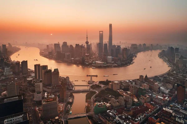 Vista Aérea Del Amanecer Ciudad Shanghai Con Distrito Financiero Pudong —  Fotos de Stock