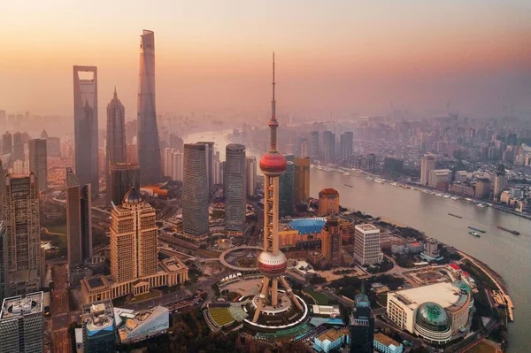 Vista Aérea Del Amanecer Ciudad Shanghai Con Distrito Financiero Pudong —  Fotos de Stock