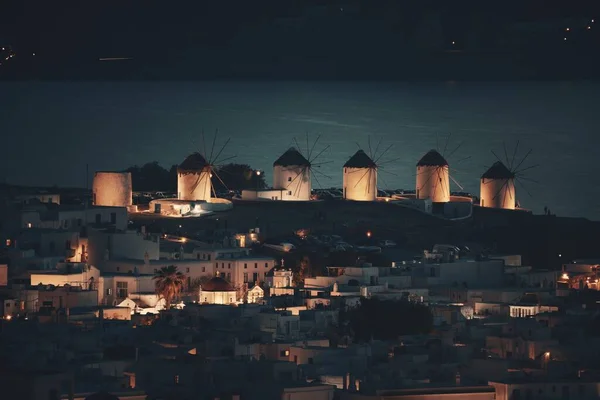 Moinho Vento Baía Como Famoso Marco Noite Ilha Mykonos Grécia — Fotografia de Stock