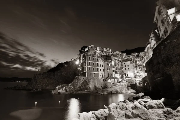 Riomaggiore Waterfront Black White View Buildings Cinque Terre Night Italy — Stock Photo, Image
