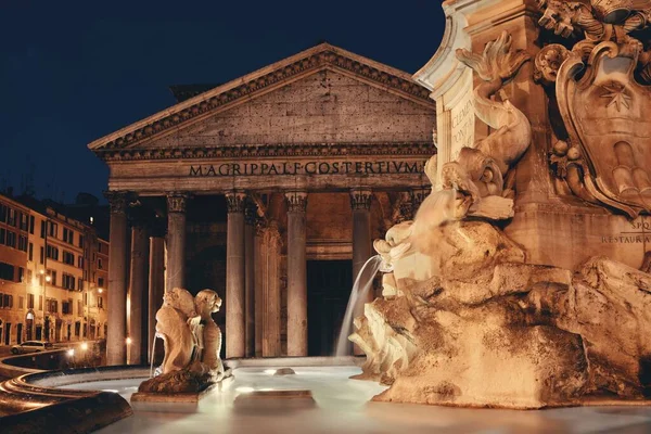 Panteón Noche Con Fuente Uno Los Edificios Romanos Antiguos Mejor — Foto de Stock