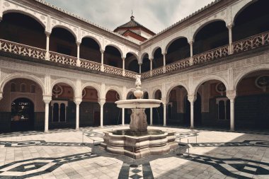 İspanya, Sevilla 'da güzel desenleri ve dekorasyonu olan Casa de Pilatos avlusu..