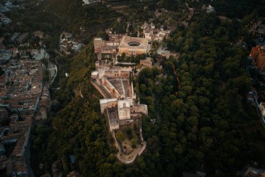 Granada, İspanya 'daki tarihi binalarla Alhambra hava manzarası.