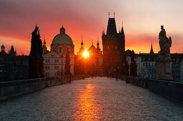 Prag Skyline Med Historiska Byggnader Vid Soluppgången Tjeckien — Stockfoto