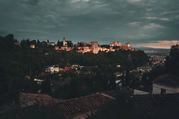 Granada Alhambra Vista Panorámica Por Noche Sobre Montaña España —  Fotos de Stock